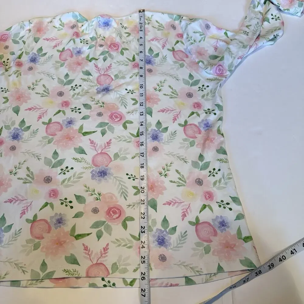 COTN Pajama Top Women XL Long‎ Sleeve White Floral Soft Pleated Grandmacore